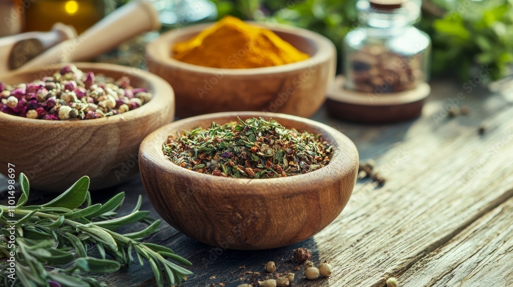 Wooden bowls of spices and herbs on rustic table Wooden bowls of spices and herbs on rustic table
