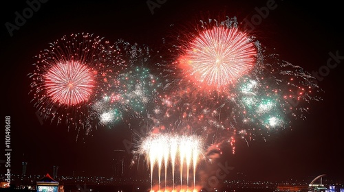 A vibrant display of fireworks lighting up the night sky in a festive celebration.