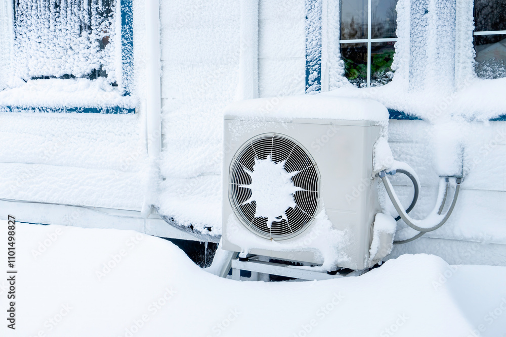 custom made wallpaper toronto digitalHeat pump in winter on the side of a North American home.