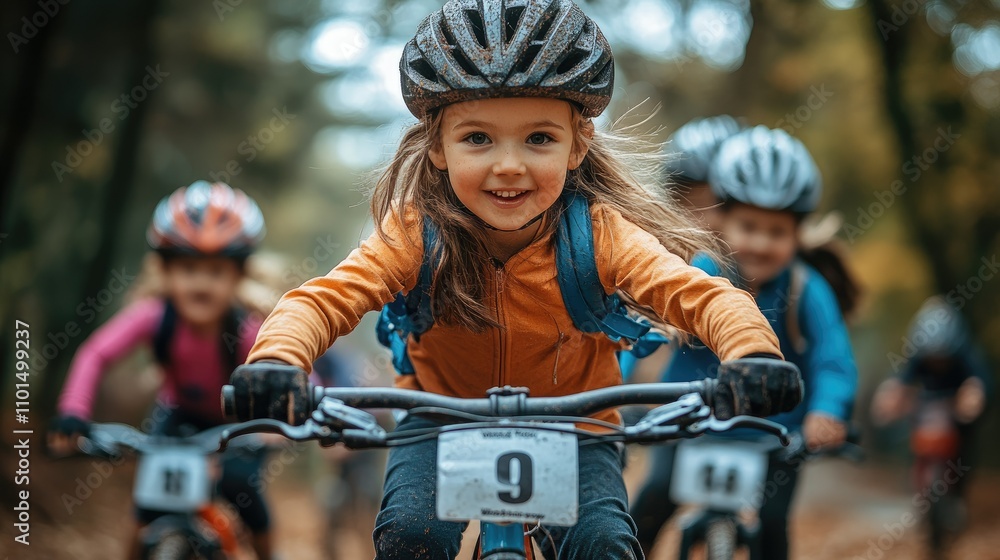 Naklejka premium A young girl joyfully riding her bike in a forest during a cycling event with other children.