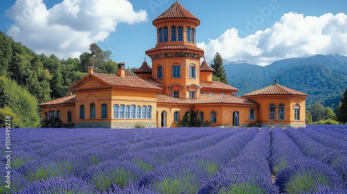 A vibrant lavender field in front of a colorful, ornate building under a blue sky.