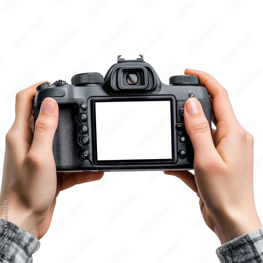 A person is holding a camera with a white screen A person is holding a camera with a white screen