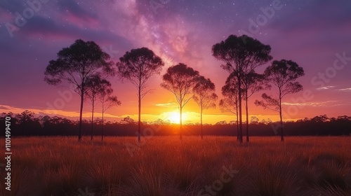 A vibrant sunset over a field with silhouettes of trees against a starry sky.