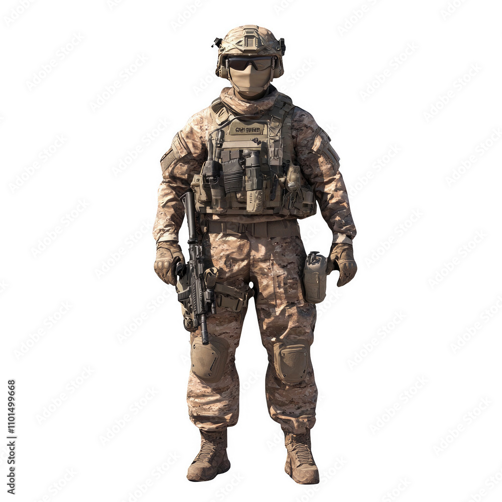 A soldier in a camouflage uniform is standing on a white background A soldier in a camouflage uniform is standing on a white background