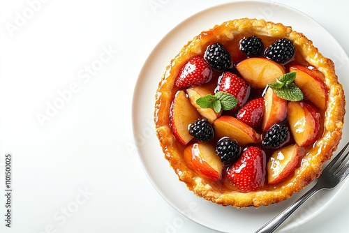 Traditional French Apple Batch or Tarte Tatin with strawberry, blackberry, dip, fork and knife served in plate isolated on white background side view of hong kong baked dessert food