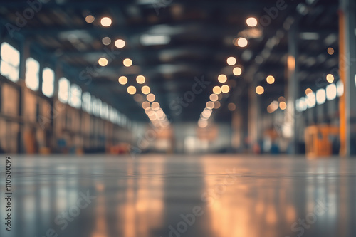 Interior blur background of a spacious industrial warehouse with high ceilings and lighting.