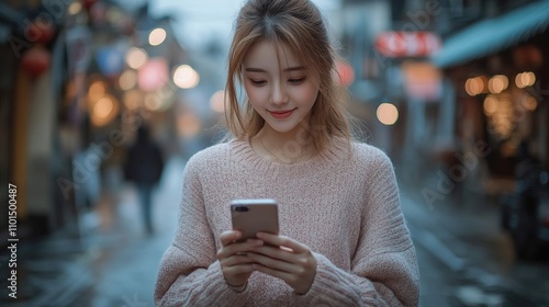 A young woman in a cozy sweater looks at her phone in a softly lit urban street.