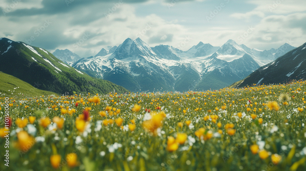 Fototapeta premium Vibrant wildflower field with majestic mountains under a cloudy sky during springtime