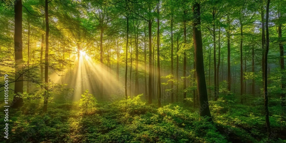 Fototapeta premium Ethereal Morning Light Shining Through Lush Green Forest Trees, Creating a Serene Atmosphere and Inviting Nature Experience in a Peaceful Woodland Setting