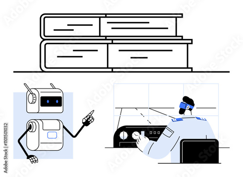 Robot pointing stack of books pilot in control room. Ideal for AI, robotics, aviation, pilot training, education, technology, automation. Embodying future collaboration. Line metaphor