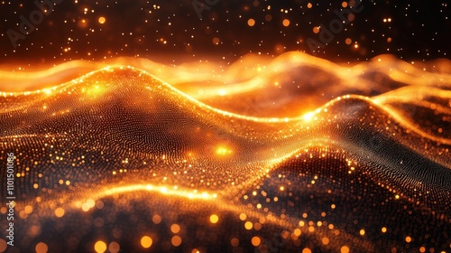 Abstract waves of glowing particles create a mesmerizing visual effect.