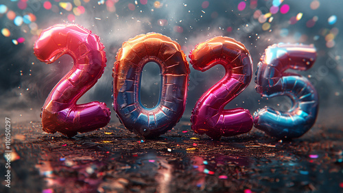 Vibrant New Year's Eve Celebration with Metallic '2025' Balloons, Fireworks, Colorful Confetti, and Bokeh Lights for a Festive Party Atmosphere	