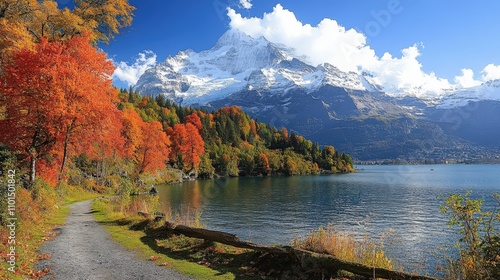 Scenic autumn landscape featuring mountains, colorful trees, and a tranquil lake.