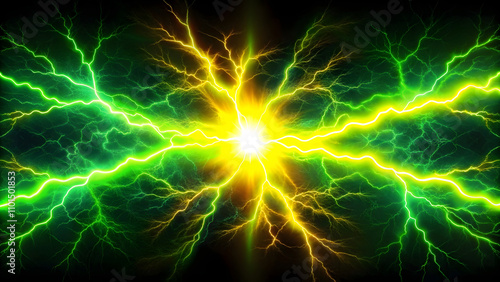 vibrant green and yellow lightning strikes on a dark background.