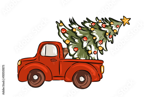 Hand drawn red pickup truck carrying a Christmas tree decorated with ornaments and star, vector illustration