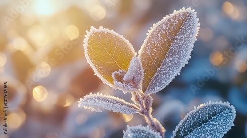 Frost-covered leaves glisten in soft sunlight, showcasing nature's beauty in winter.