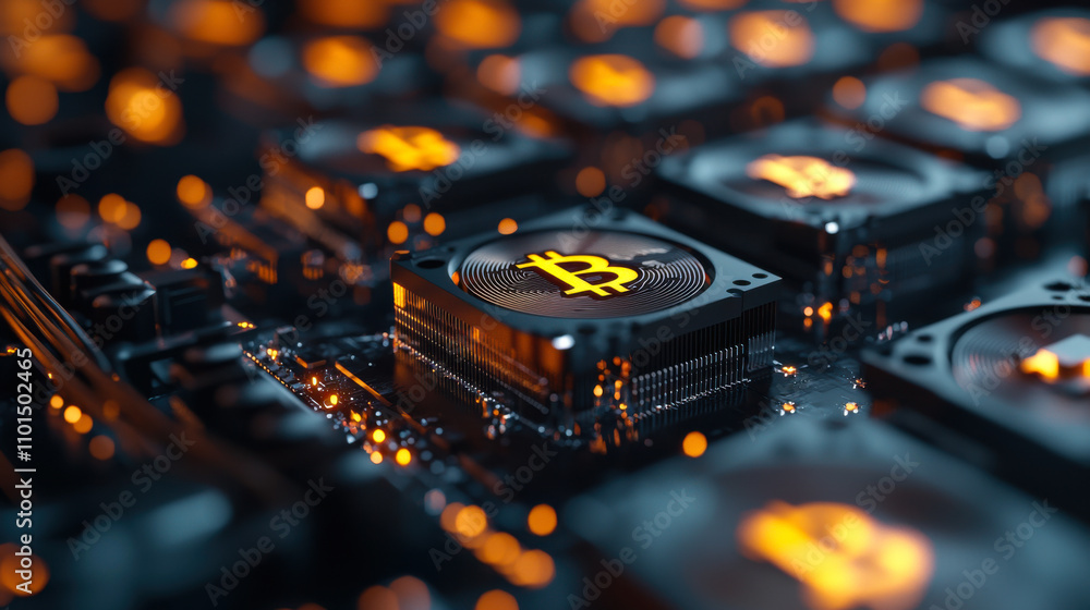 Obraz premium High tech GPU with cryptocurrency symbol on circuit board