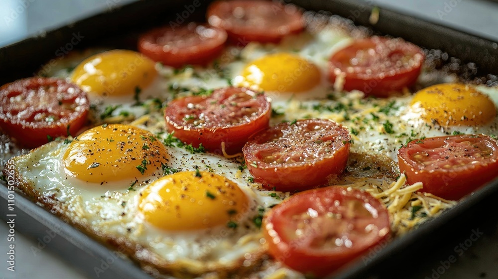 Baked eggs with roasted tomatoes and cheese in a baking pan. Baked eggs with roasted tomatoes and cheese in a baking pan.