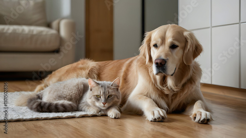 A cat and a dog are laying on the floor together. The dog is looking at the camera and the cat is looking away
