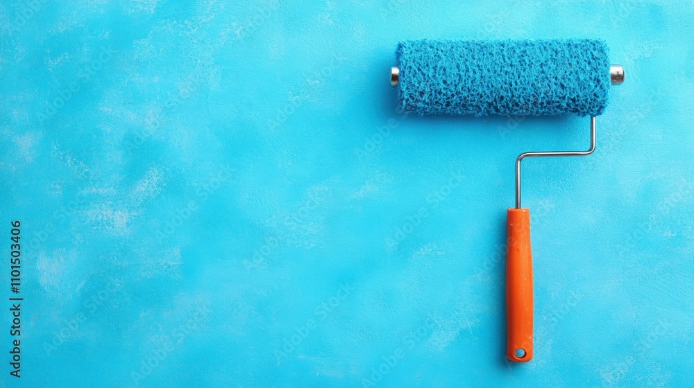 Fototapeta premium A blue paint roller rests on a bright textured wall surface, prepared for a decorating task in a creative space