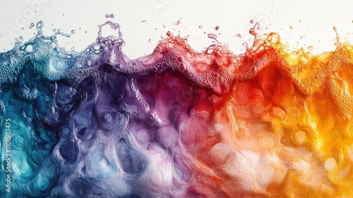 Vibrant waves of colorful liquid with bubbles, showcasing fluid dynamics and artistic expression.
