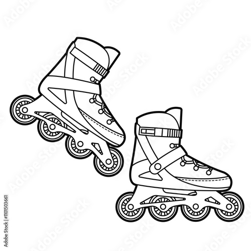 Roller Skates. Pair of shoes for skating, rollerblades. Outline illustration, isolated on white background, design elements