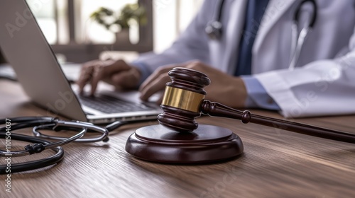 Doctor Uses Laptop Near Gavel And Stethoscope