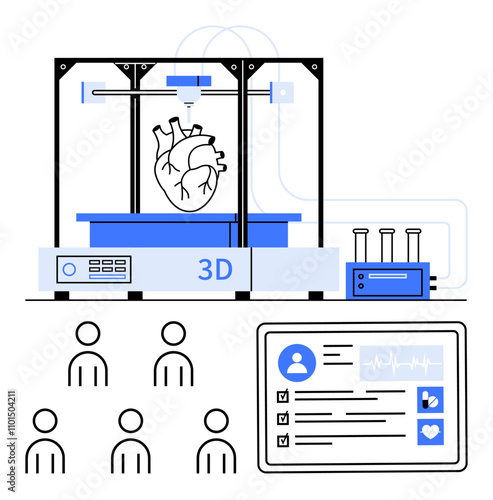 3D printer with human heart model, test tubes, user profiles, and medical data. Ideal for medical innovation, healthcare technology, 3D printing, bioprinting, heart health, precision medicine