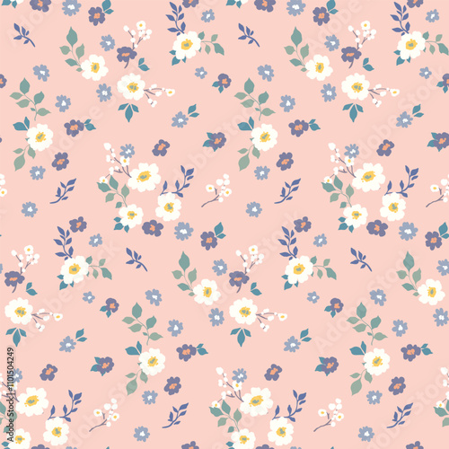 Seamless floral pattern, liberty ditsy print of mini flowers in gentle pastel colors. Romantic botanical design: small hand drawn flowers, tiny leaves, simple bouquets on pink. Vector illustration.