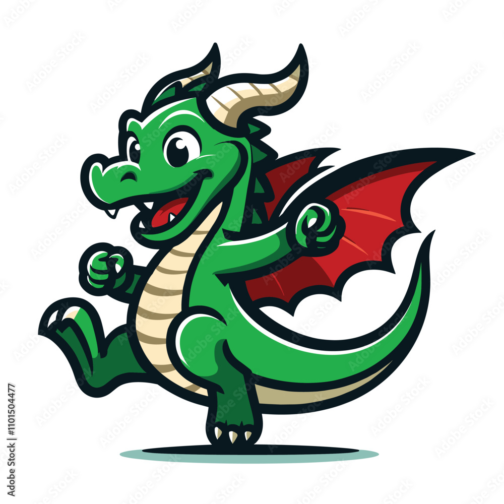 A cute and funny green cartoon dragon smiling happily A cute and funny green cartoon dragon smiling happily