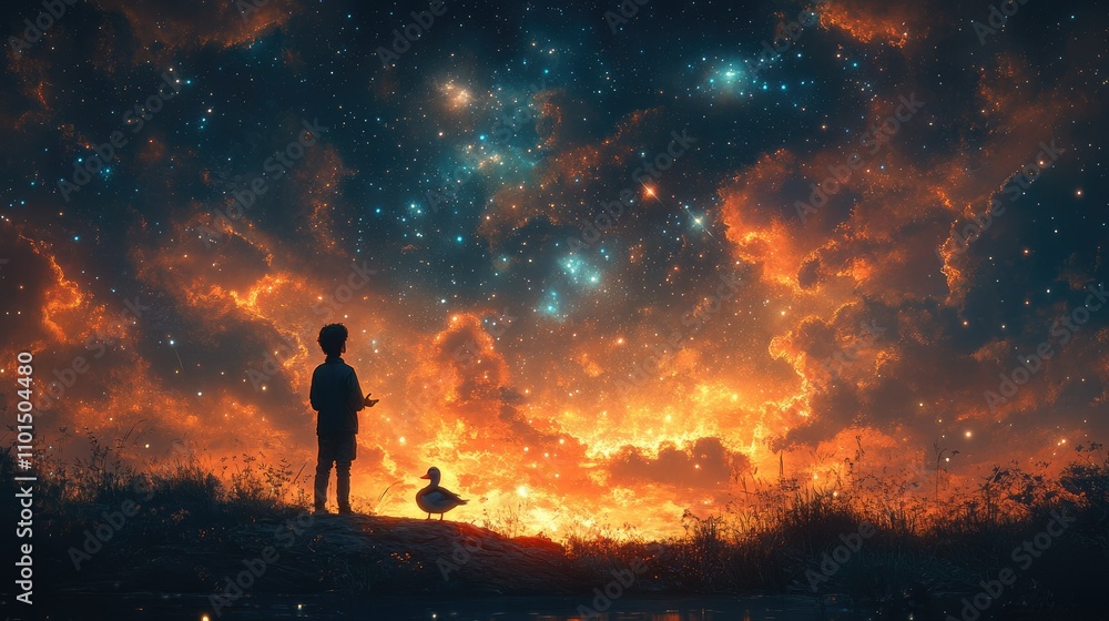Fototapeta premium Boy and duck silhouetted against a vibrant, starry night sky.