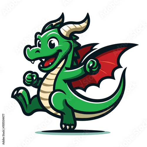 A cute and funny green cartoon dragon smiling happily