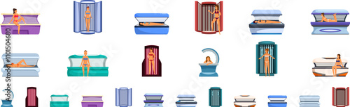 Woman solarium icons set. Young women relaxing and tanning in a solarium, enjoying beauty treatment for perfect skin