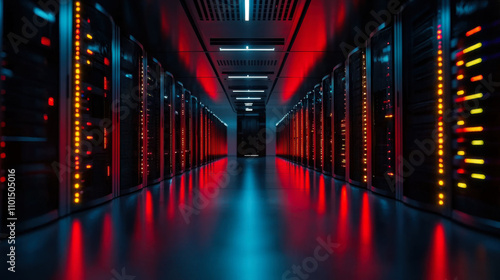 large scale data center with illuminated server racks and vibrant lights