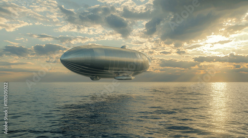 Soaring high tranquil ocean futuristic airship captures essence innovation backdrop golden sunlight and dynamic clouds. photo