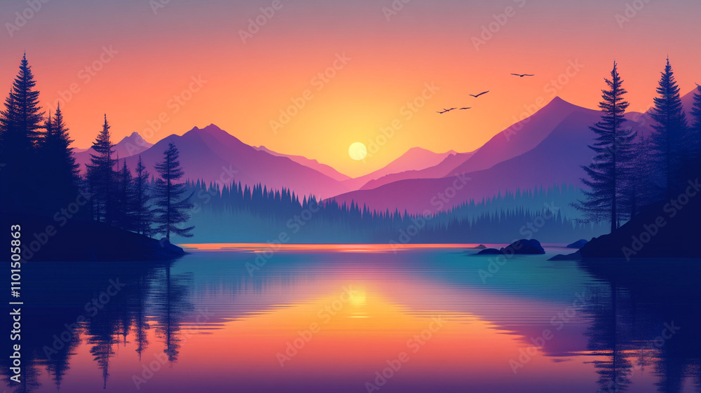 Serene sunset over tranquil lake surrounded by majestic mountains and pine trees Serene sunset over tranquil lake surrounded by majestic mountains and pine trees