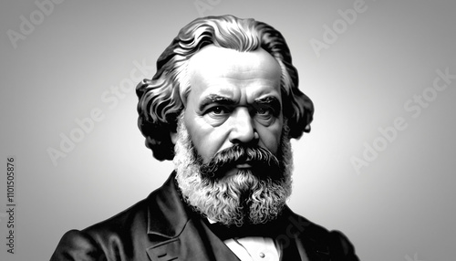Karl Marx (Portrait)  - Illustration in schwarz-weiß vor hellem Hintergrund