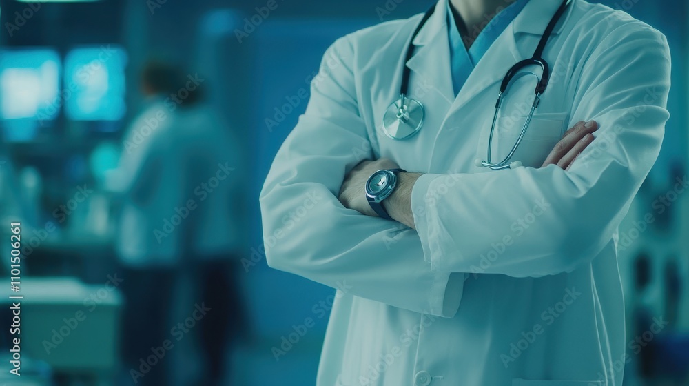 Closeup of a healthcare professional in scrubs with arms crossed and a stethoscope around their neck,Doctor against a blurred background of medical staff in a hospital,clinic setting,Healthcare. Closeup of a healthcare professional in scrubs with arms crossed and a stethoscope around their neck,Doctor against a blurred background of medical staff in a hospital,clinic setting,Healthcare.