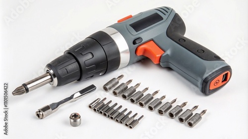 A modern electric screwdriver with an ergonomic grip, surrounded by a selection of interchangeable bits, displayed on a white background with sharp details photo