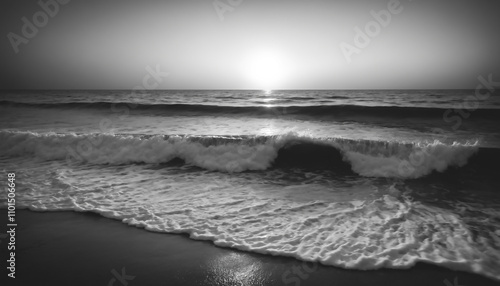 Black and white Sunrise sunset over the sea ocean waves. Generative AI.