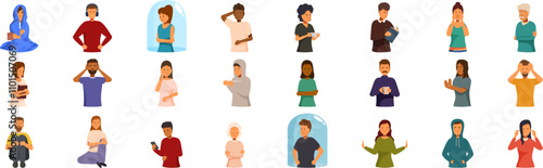 Introvert icons set. Set of diverse people experiencing various negative emotions, highlighting mental health issues