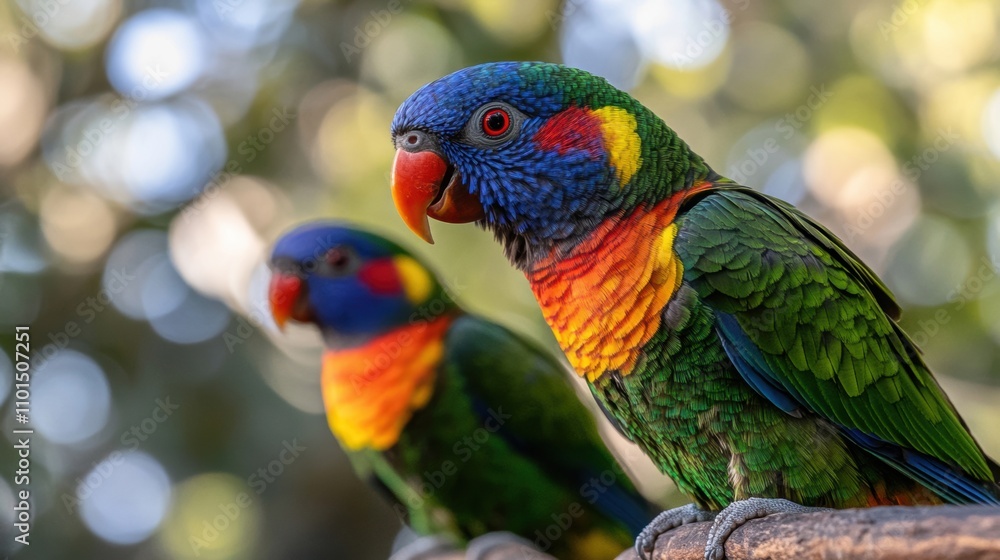 Naklejka premium Rainbow lorikeets with vivid feathers sit together on a branch, surrounded by a lush green background during sunny weather