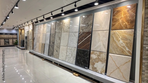 A premium display of marble tiles in a showroom setting, emphasizing luxury and variety for interior design