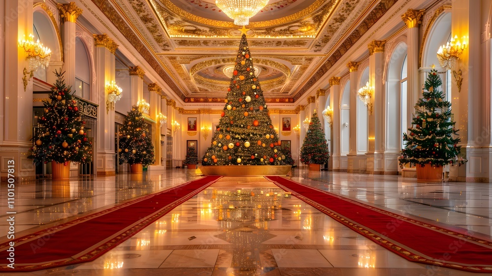 Obraz premium Grand hall with large decorated Christmas tree and red carpet.