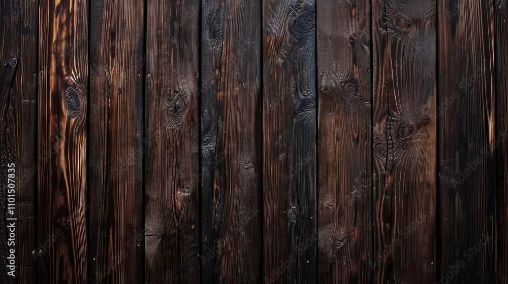 Fototapeta premium Dark, rustic wood background. Deep brown tones and vertical planks create a textured surface.