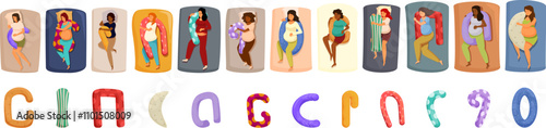 Pregnancy cushion icons set. Pregnant women are sleeping comfortably using maternity pillows of various shapes, ensuring restful sleep during pregnancy