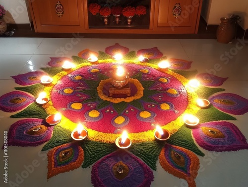 Diwali decorations with glowing oil lamps and colorful rangolis photo