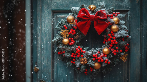 Festive Christmas Wreath with Red Bow on Door photo