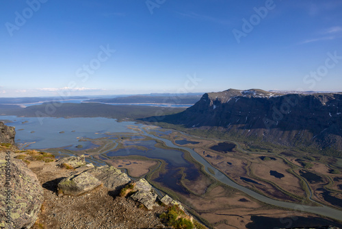 view from skierfe over lake laitaure in sarek national park