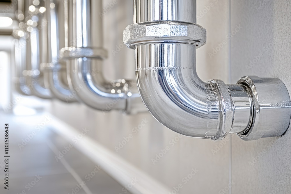Chrome water pipes creating a modern design in a bathroom